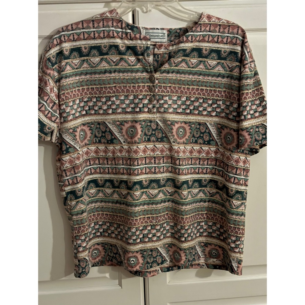 Vintage Shenanigans Geometric Tribal Print Henley Top Short Sleeve Green Pink
